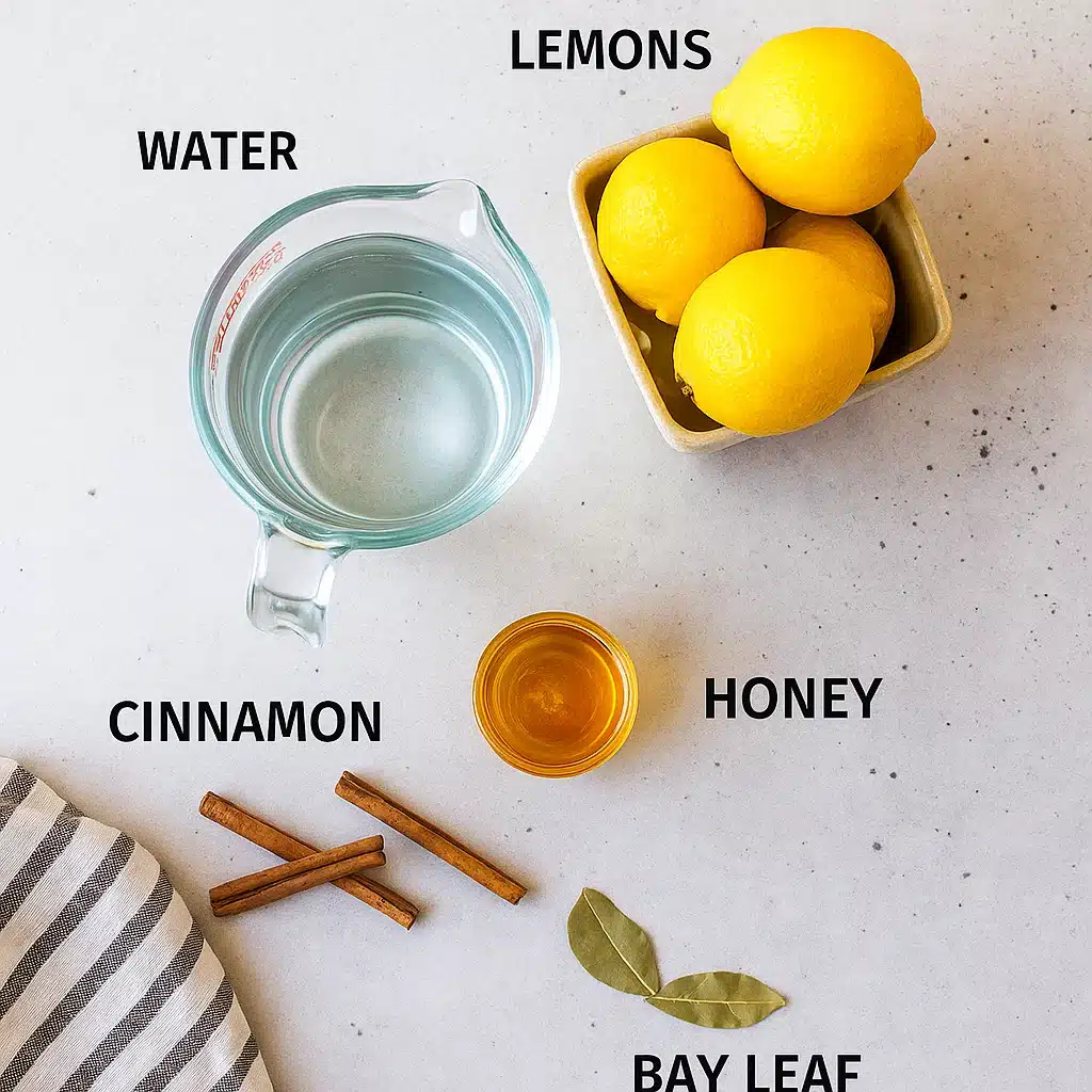 Top-down view of Bay Leaf Tea weight loss ingredients including lemons, cinnamon, honey, bay leaf, and water.