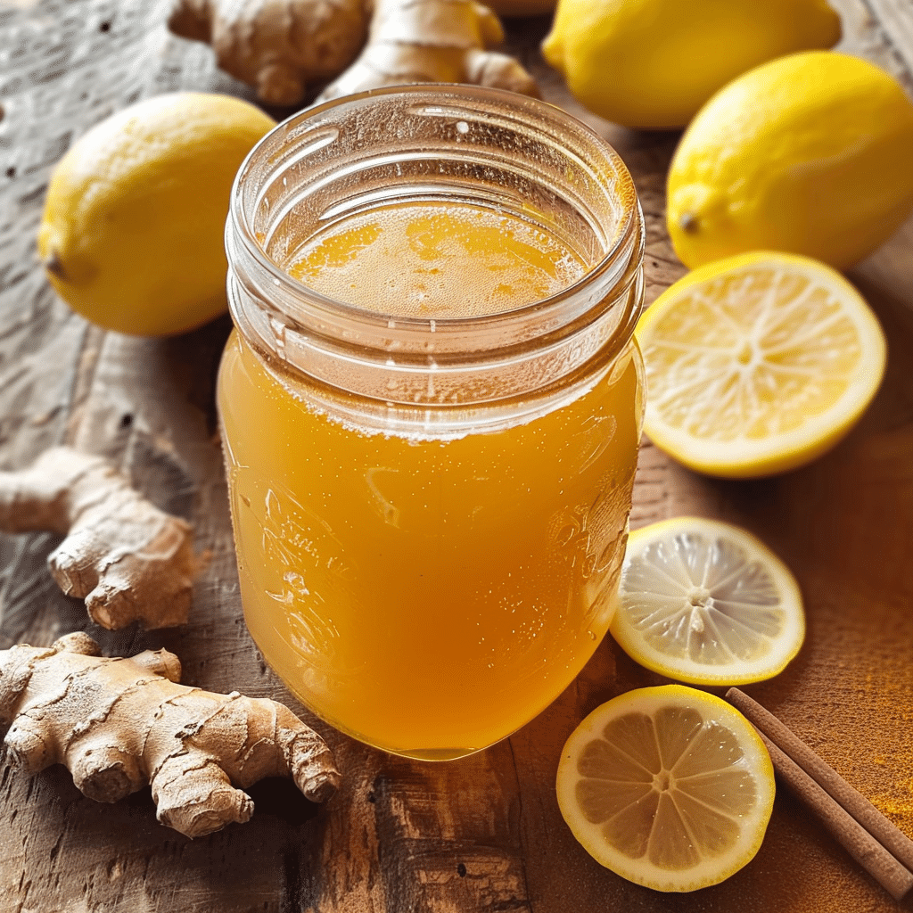 Homemade dandelion root tea with ginger, lemon, cinnamon, and maple syrup in a mason jar on rustic wood