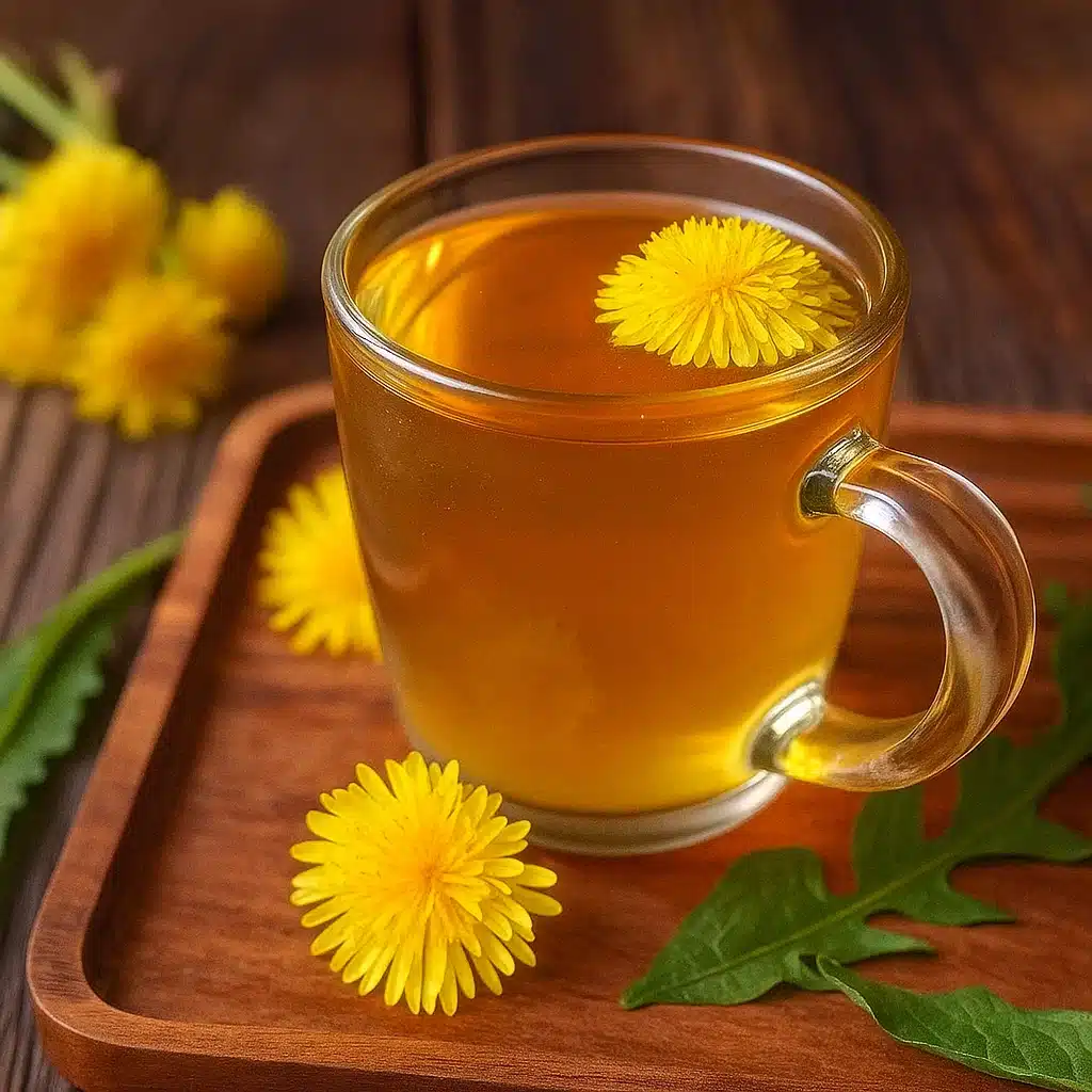 dandelion tea recipe in glass mug