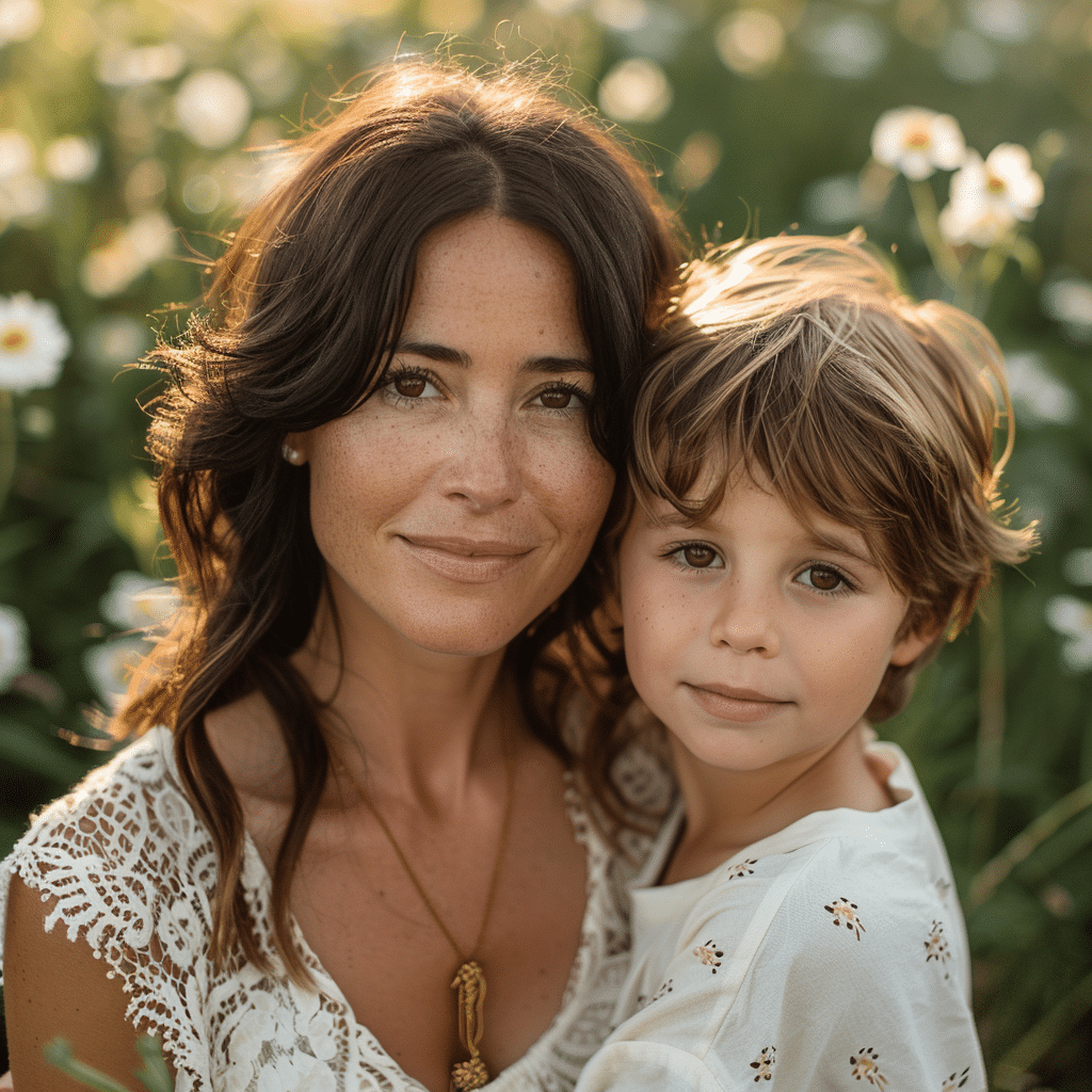 Mother and son portrait in daisy field during golden hour