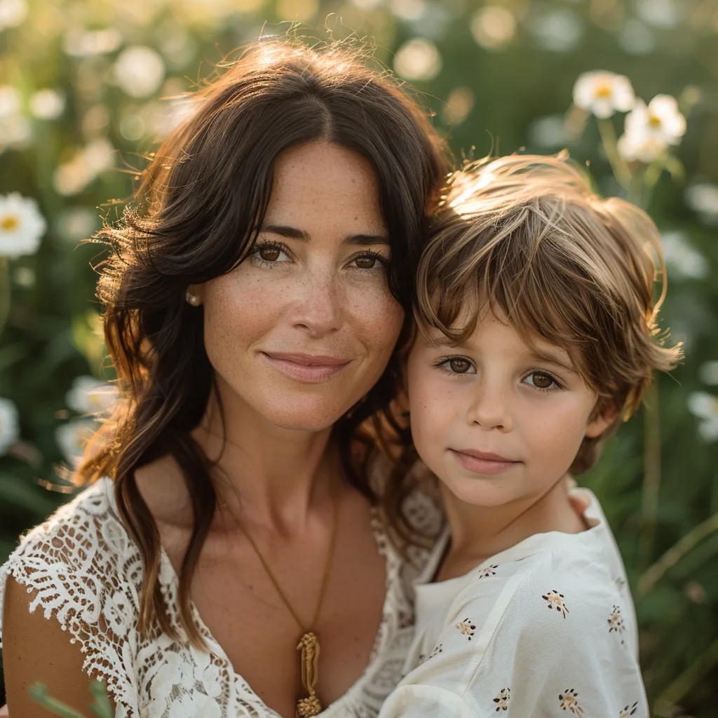 Mother and son portrait in daisy field during golden hour