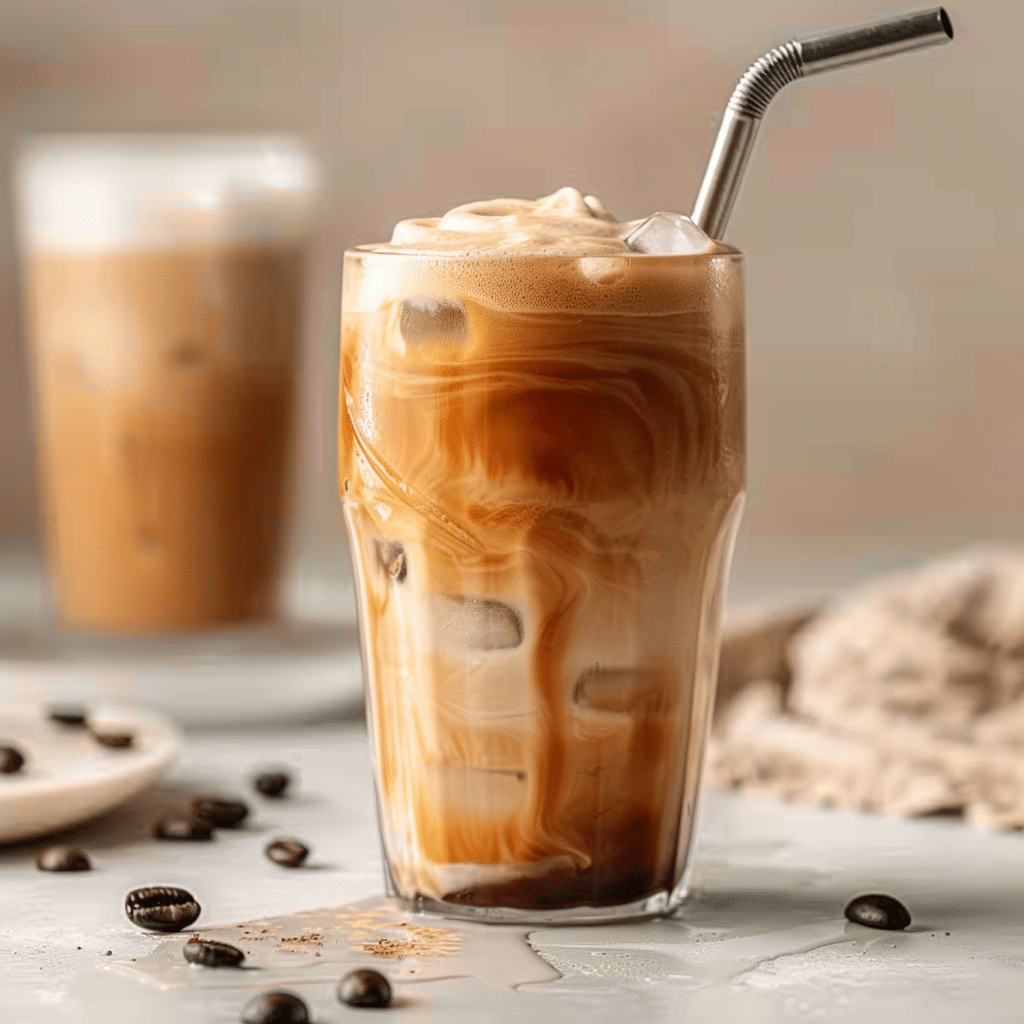 protein coffee Proffee with metal straw in a tall glass on a minimal countertop
