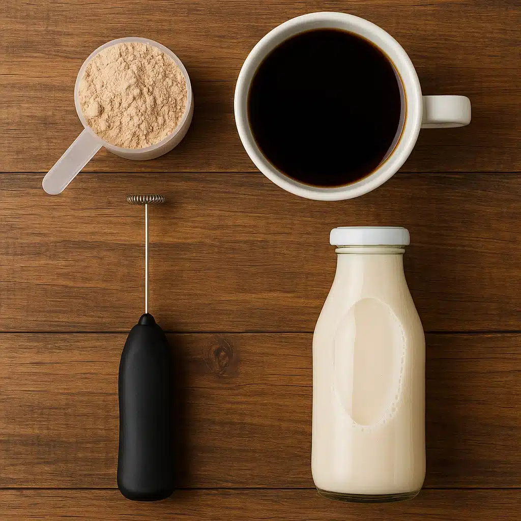 proffee-protein-coffee-recipe-setup Proffee Protein Coffee ingredients laid out for easy recipe