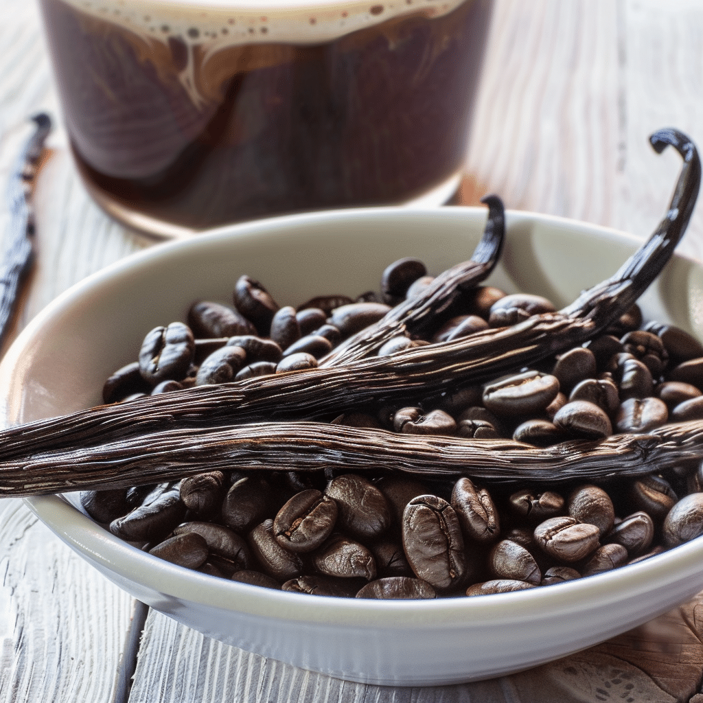 Glossy roasted coffee beans with vanilla pods in a ceramic bowl on a rustic wooden table