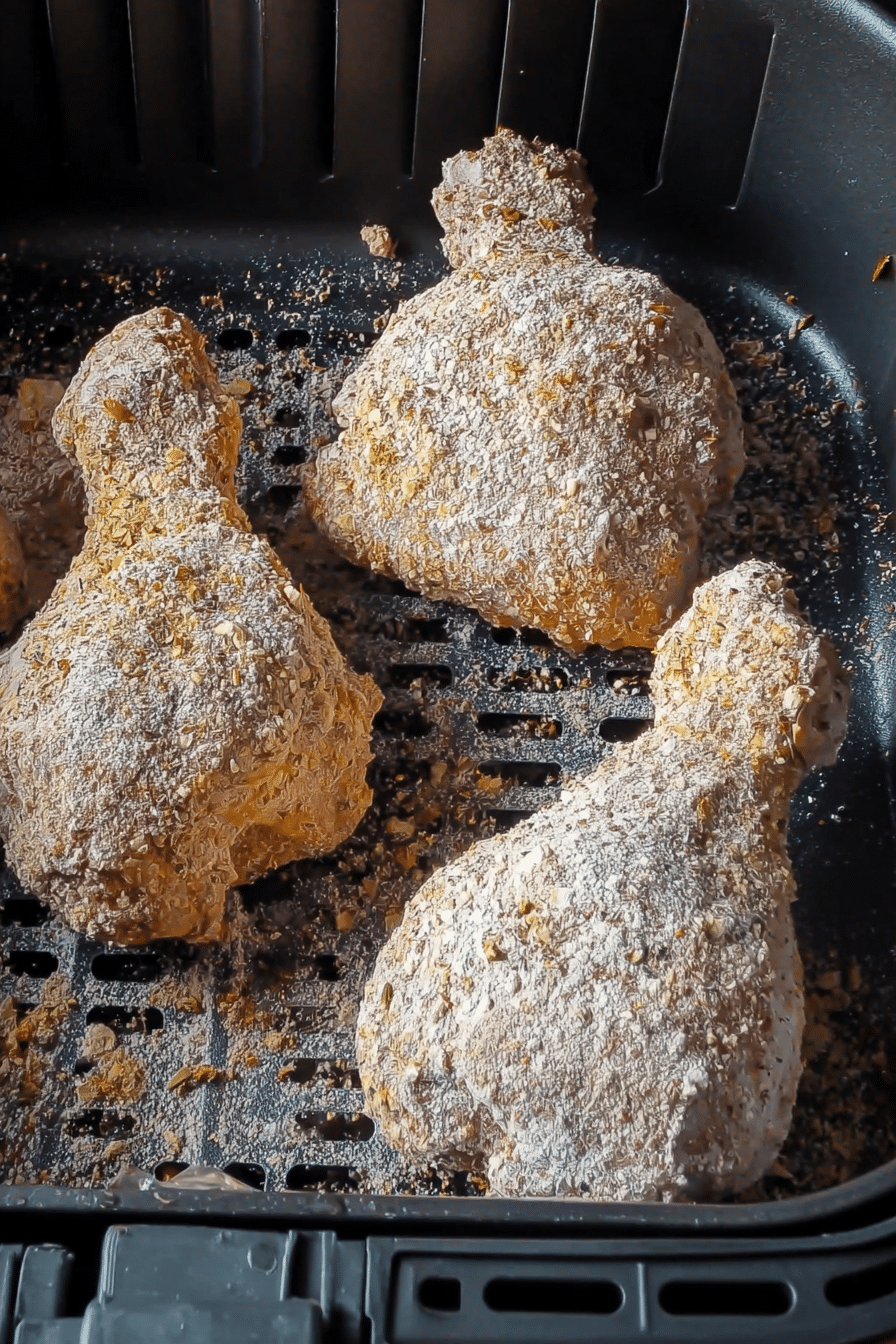 Flour-coated chicken drumsticks in air fryer basket before cooking