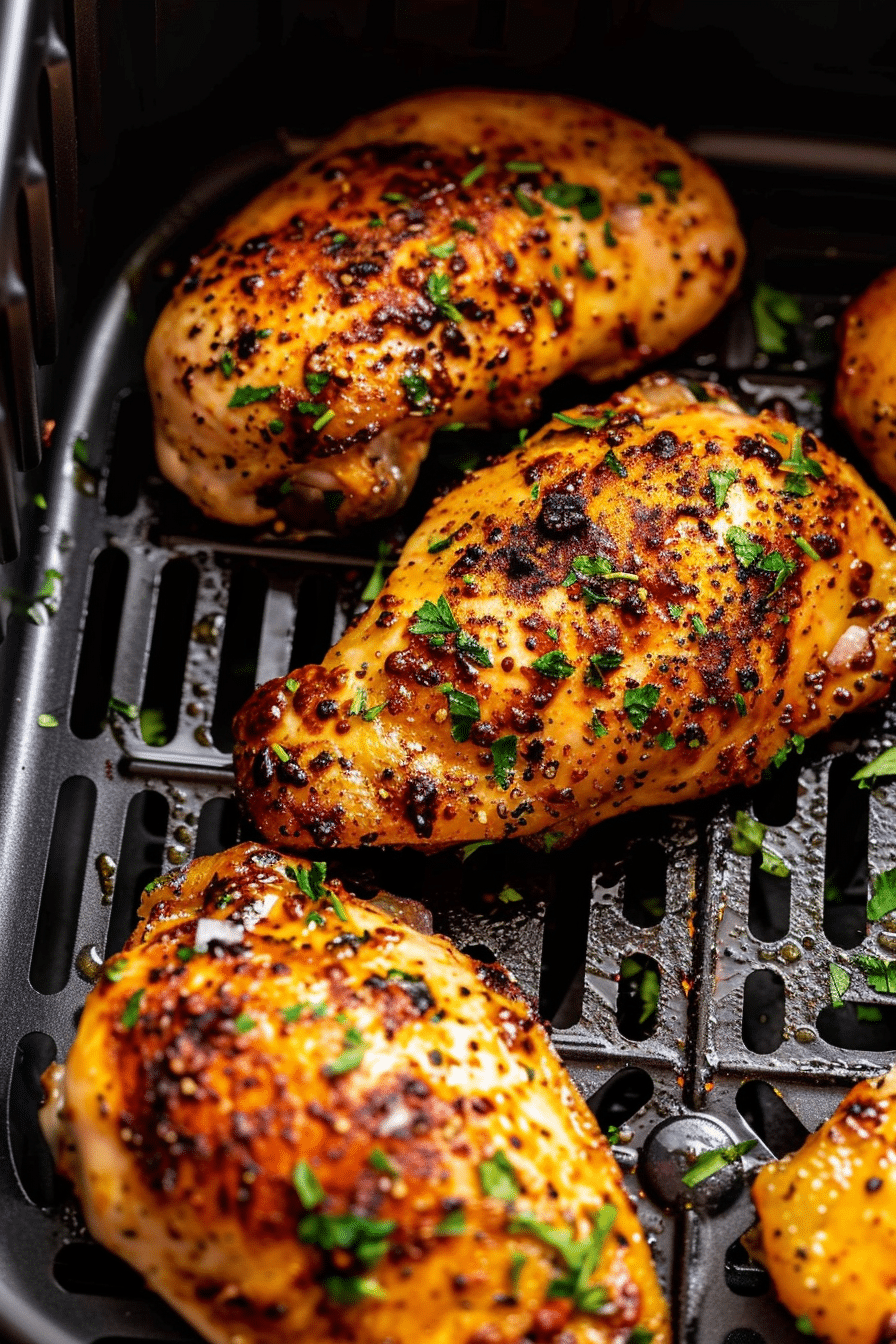 Air fryer chicken breast cooking with golden crispy skin and herbs in black air fryer basket