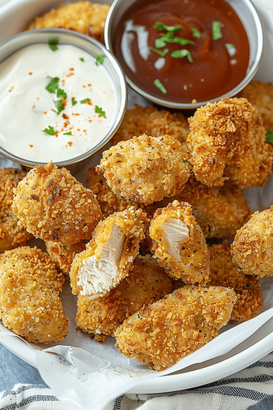 Crispy air fryer chicken nuggets served with ranch and BBQ dipping sauces