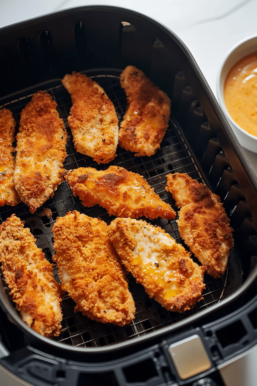 Air fryer chicken tenders freshly cooked in the basket with dipping sauce on the side