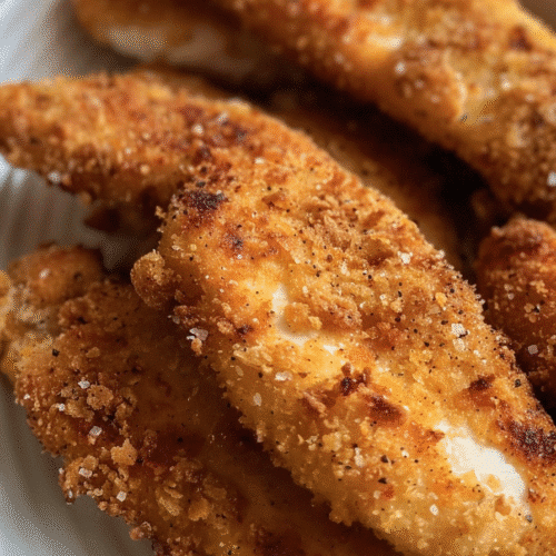 Crispy air fryer chicken tenders on a white plate with dipping sauce