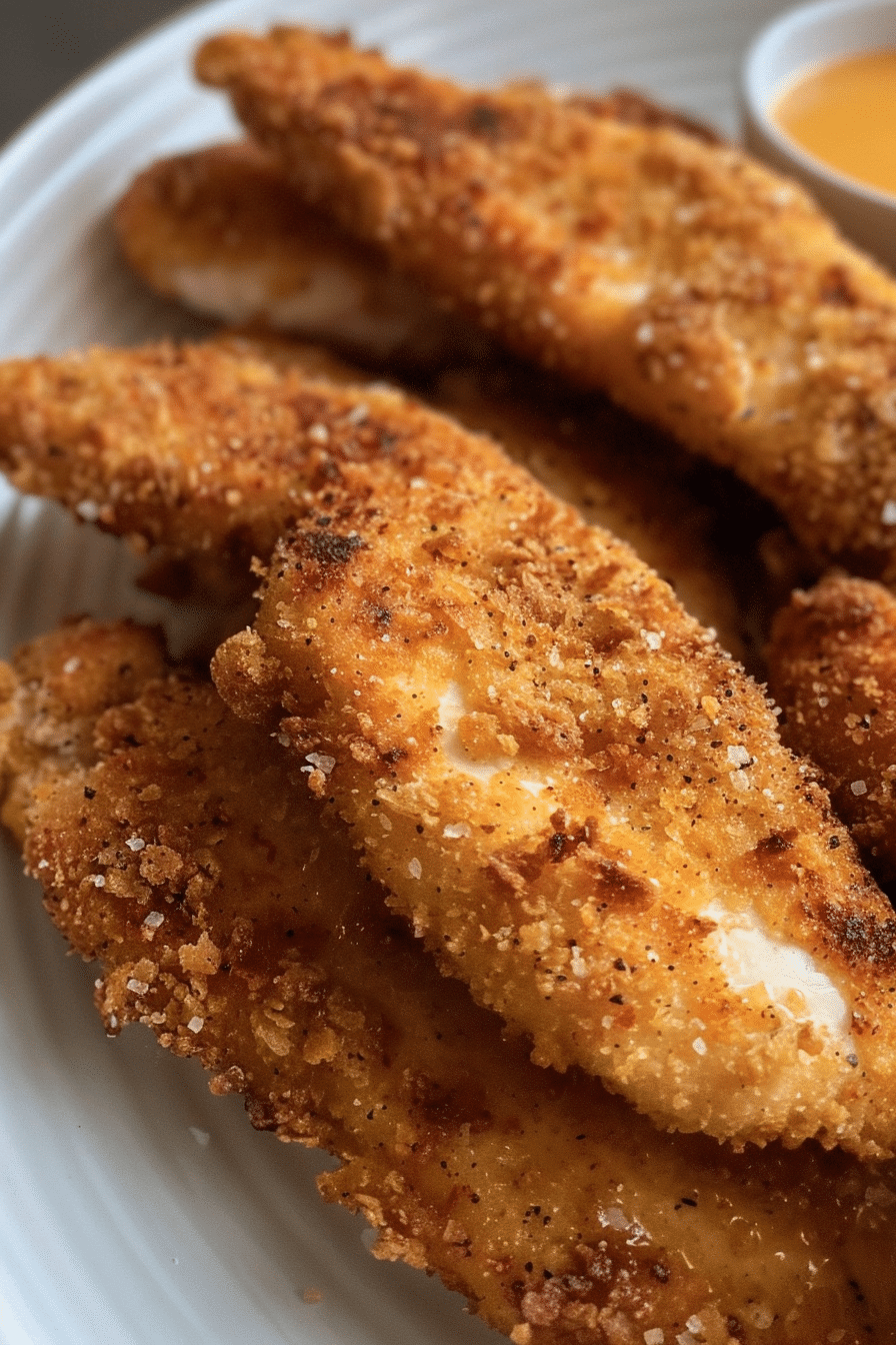 Crispy air fryer chicken tenders on a white plate with dipping sauce