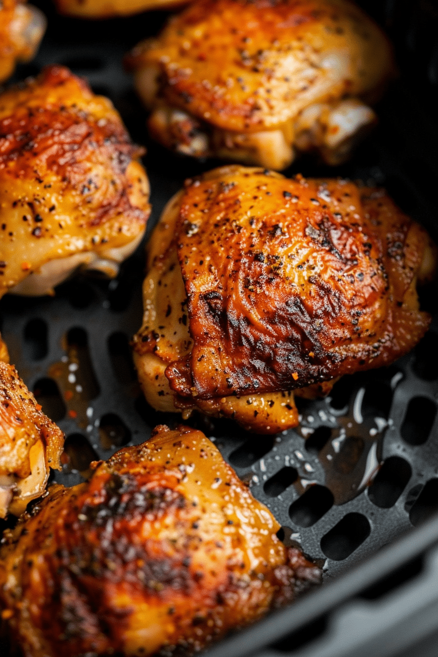 Air Fryer Chicken Thighs cooking in air fryer basket with golden, crispy skin and savory seasoning