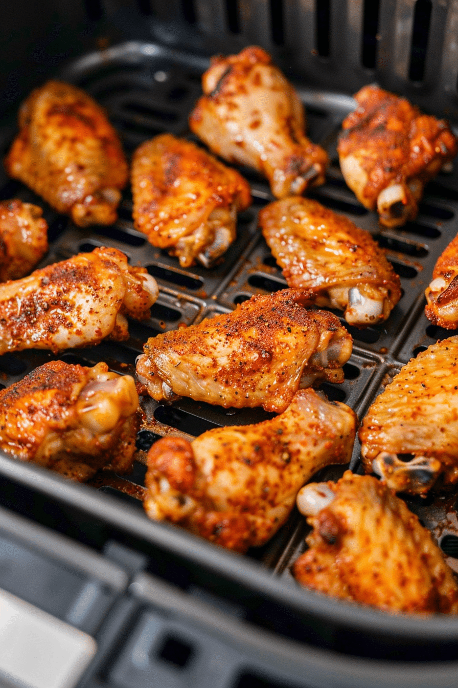 Air fryer chicken wings freshly cooked inside an open air fryer basket drawer