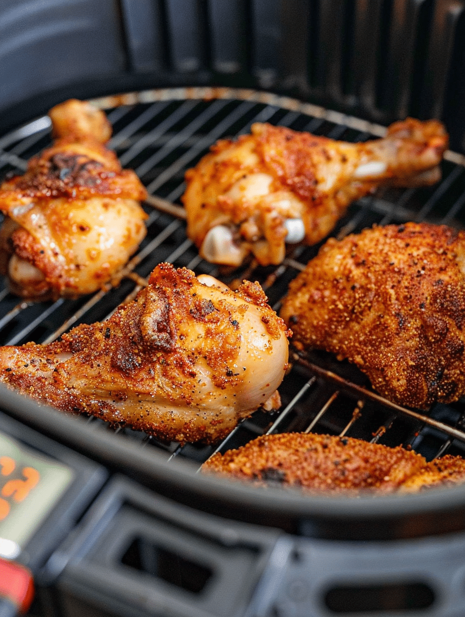 Air fryer fried chicken cooking with a meat thermometer showing 148 degrees Fahrenheit