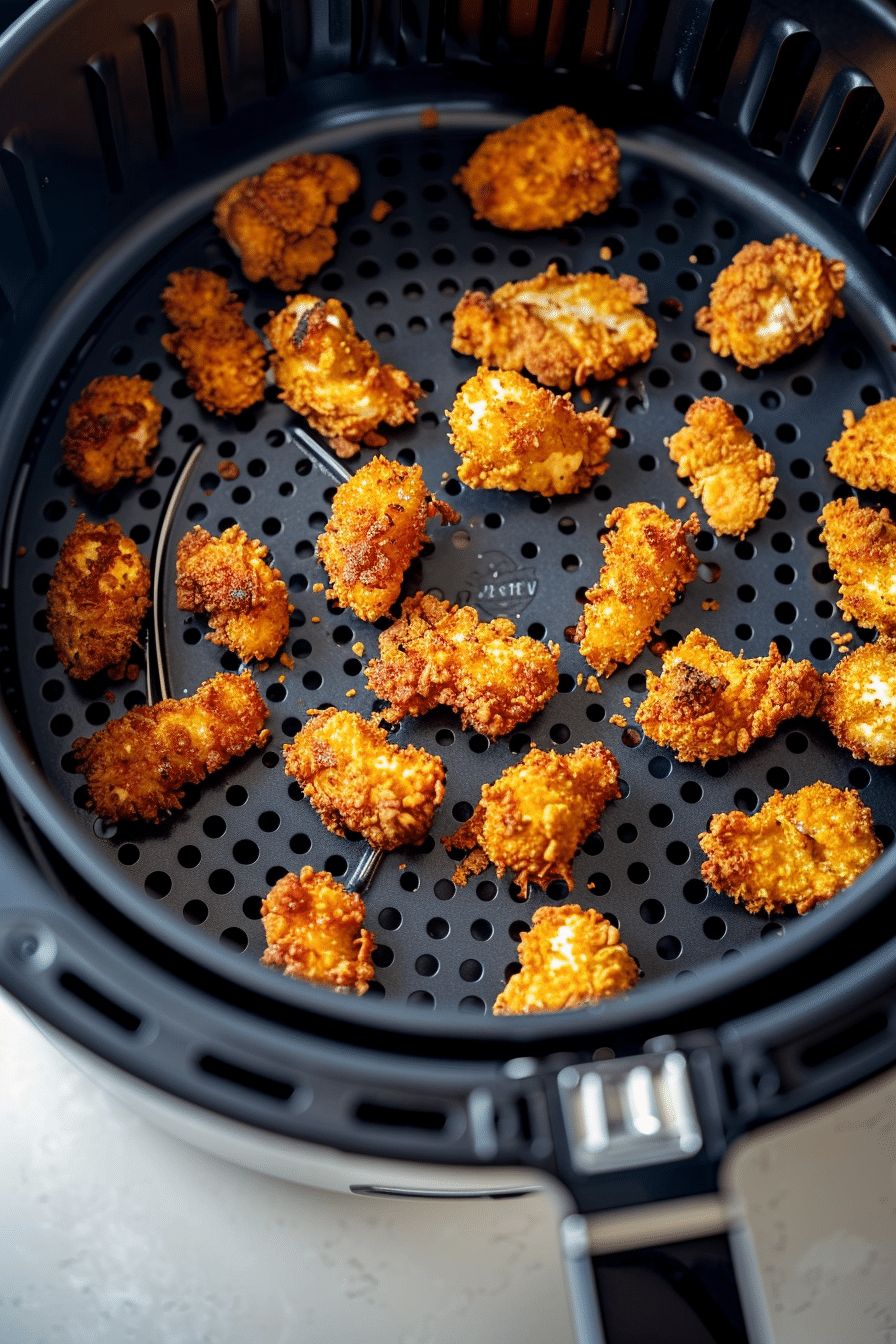 Air fryer basket filled with golden crispy popcorn chicken cooking