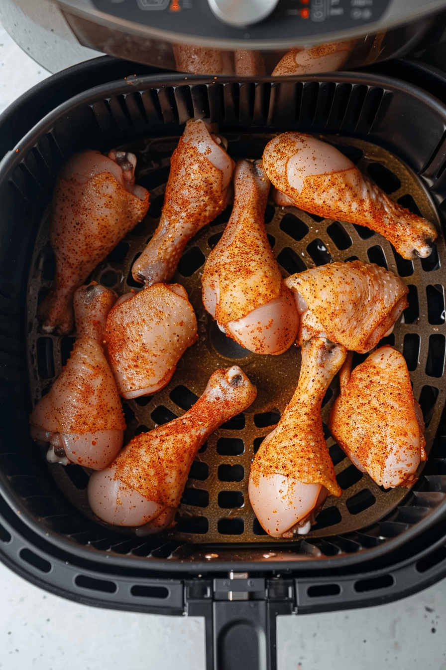 Seasoned Raw Chicken Drumsticks in Air Fryer – Prepping for Crispy Cooking