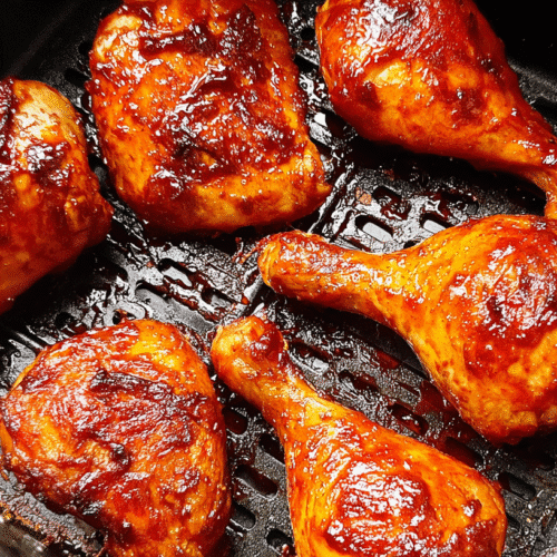 BBQ air fryer chicken drumsticks and thighs cooked to perfection in a black air fryer basket.