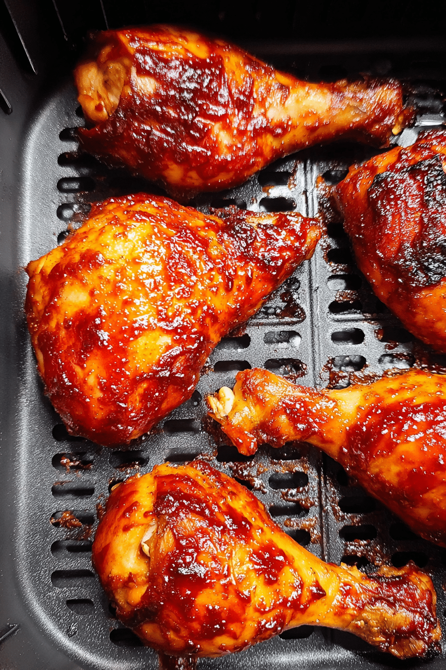 BBQ air fryer chicken thighs and drumsticks with crispy skin and caramelized glaze in a black air fryer.