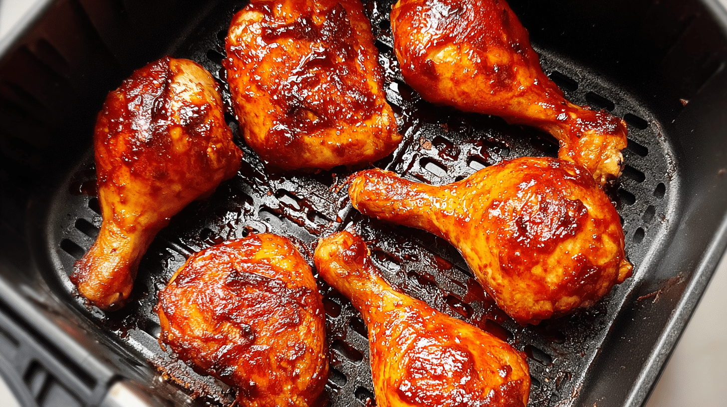 BBQ air fryer chicken drumsticks and thighs cooked to perfection in a black air fryer basket.