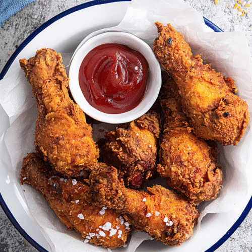 Overhead view of crispy Buttermilk Air Fryer Fried Chicken in enamel bowl