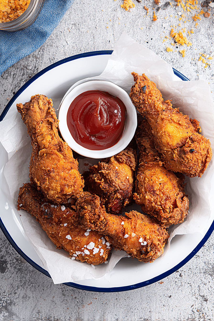 Overhead view of crispy Buttermilk Air Fryer Fried Chicken in enamel bowl