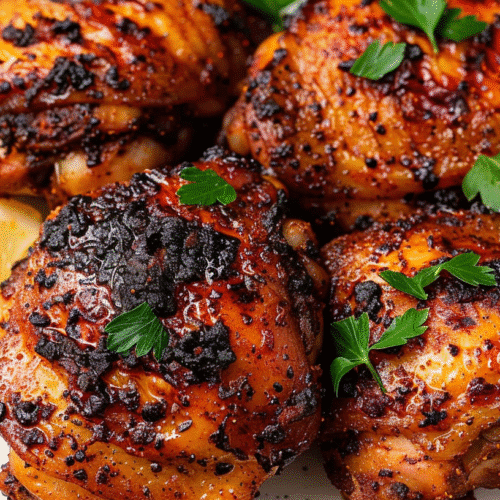Cajun Air Fryer Chicken thighs with crispy skin and parsley garnish