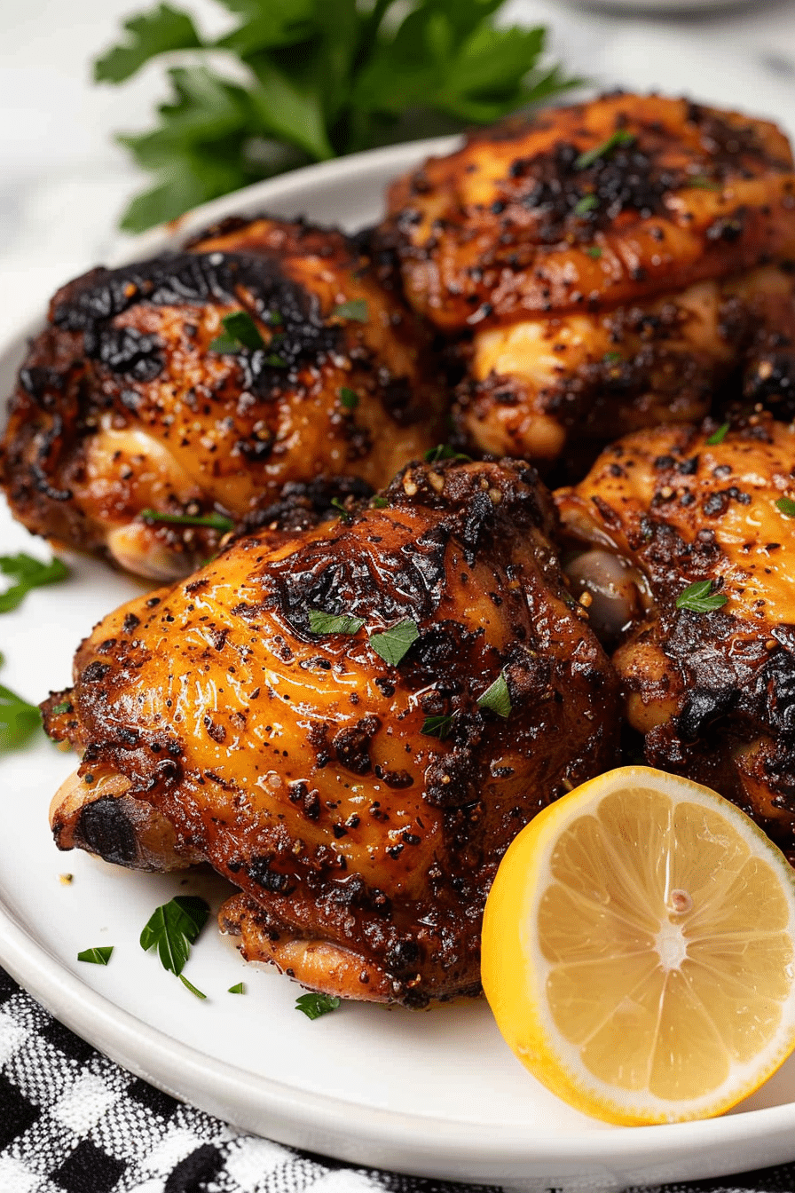 Cajun Air Fryer Chicken thighs with crispy seasoned skin and parsley garnish on a white plate