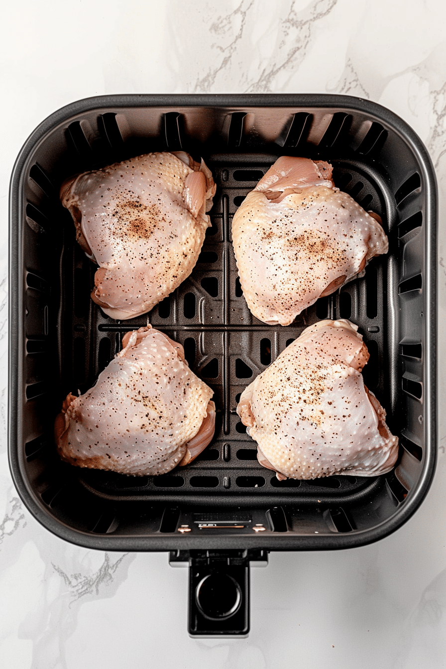 Raw seasoned chicken thighs arranged in an air fryer basket, ready to cook for Teriyaki Air Fryer Chicken.