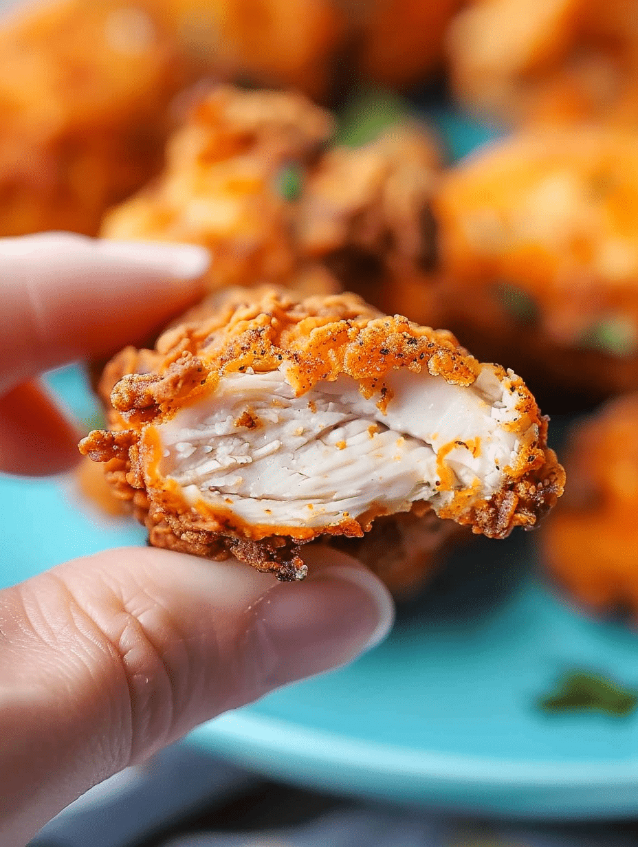 Close-up of crispy air fryer fried chicken showing juicy white meat inside.