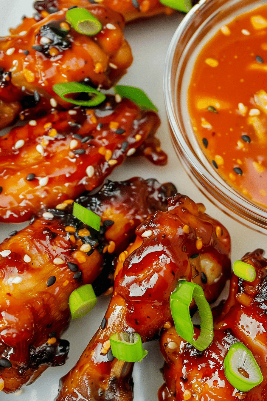 Close-up of Sweet Chili Air Fryer Wings coated in Thai sweet chili sauce with green onions and sesame seeds