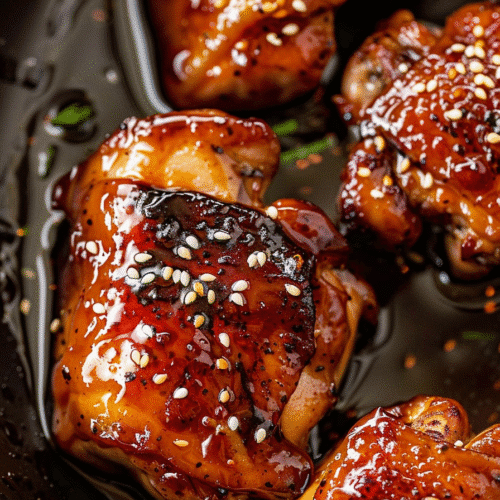 Extreme close-up of Teriyaki Air Fryer Chicken glazed in sticky homemade teriyaki sauce with sesame seeds.