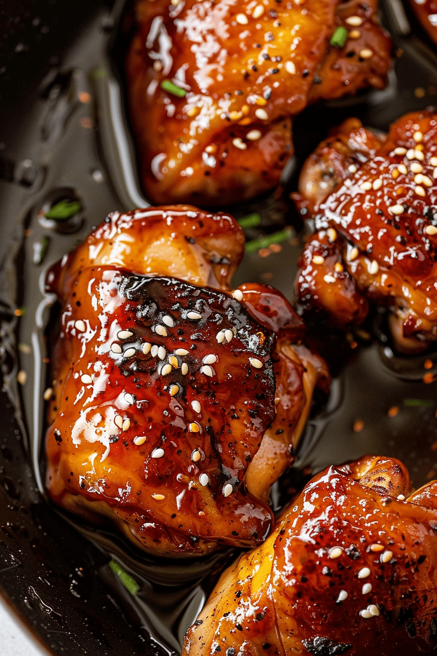 Extreme close-up of Teriyaki Air Fryer Chicken glazed in sticky homemade teriyaki sauce with sesame seeds.