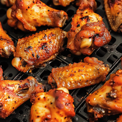 Crispy air fryer chicken wings cooked to perfection inside an air fryer basket