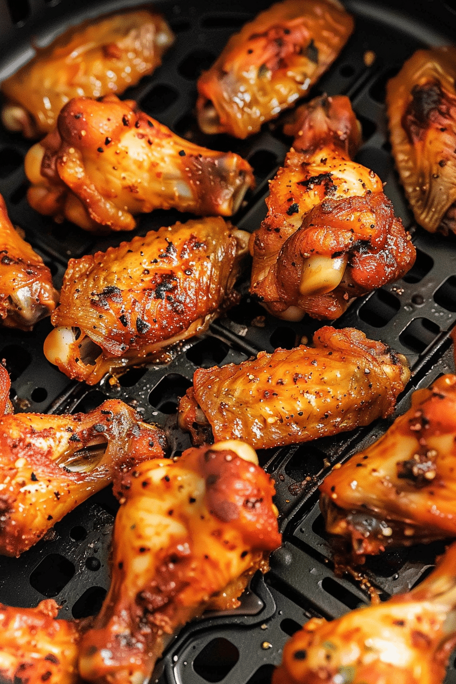 Crispy air fryer chicken wings cooked to perfection inside an air fryer basket
