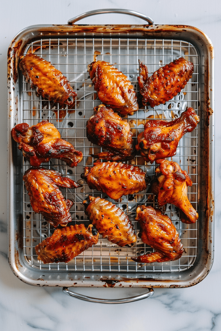 Crispy cooked chicken wings straight from the air fryer on a wire rack tray before buffalo sauce.