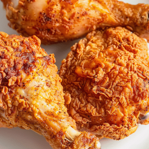 Crispy air fryer fried chicken with golden-brown seasoned coating and juicy texture.
