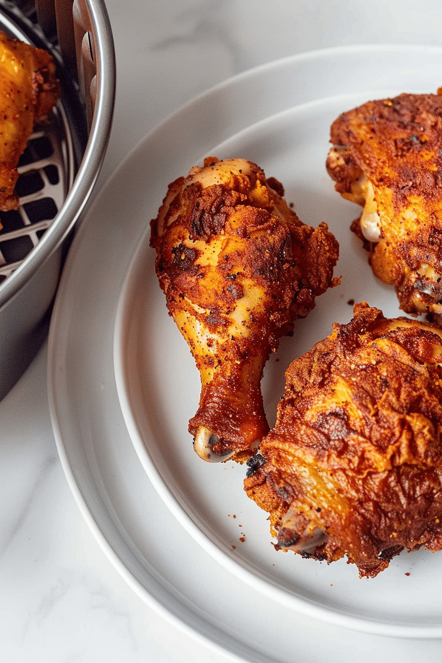 Crispy golden-brown air fryer fried chicken served on a plate next to an open air fryer basket.