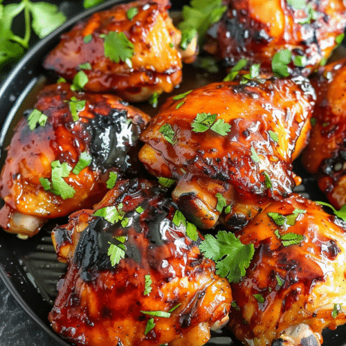 Crispy honey garlic chicken thighs cooked in the air fryer with sticky glaze and fresh herb garnish.
