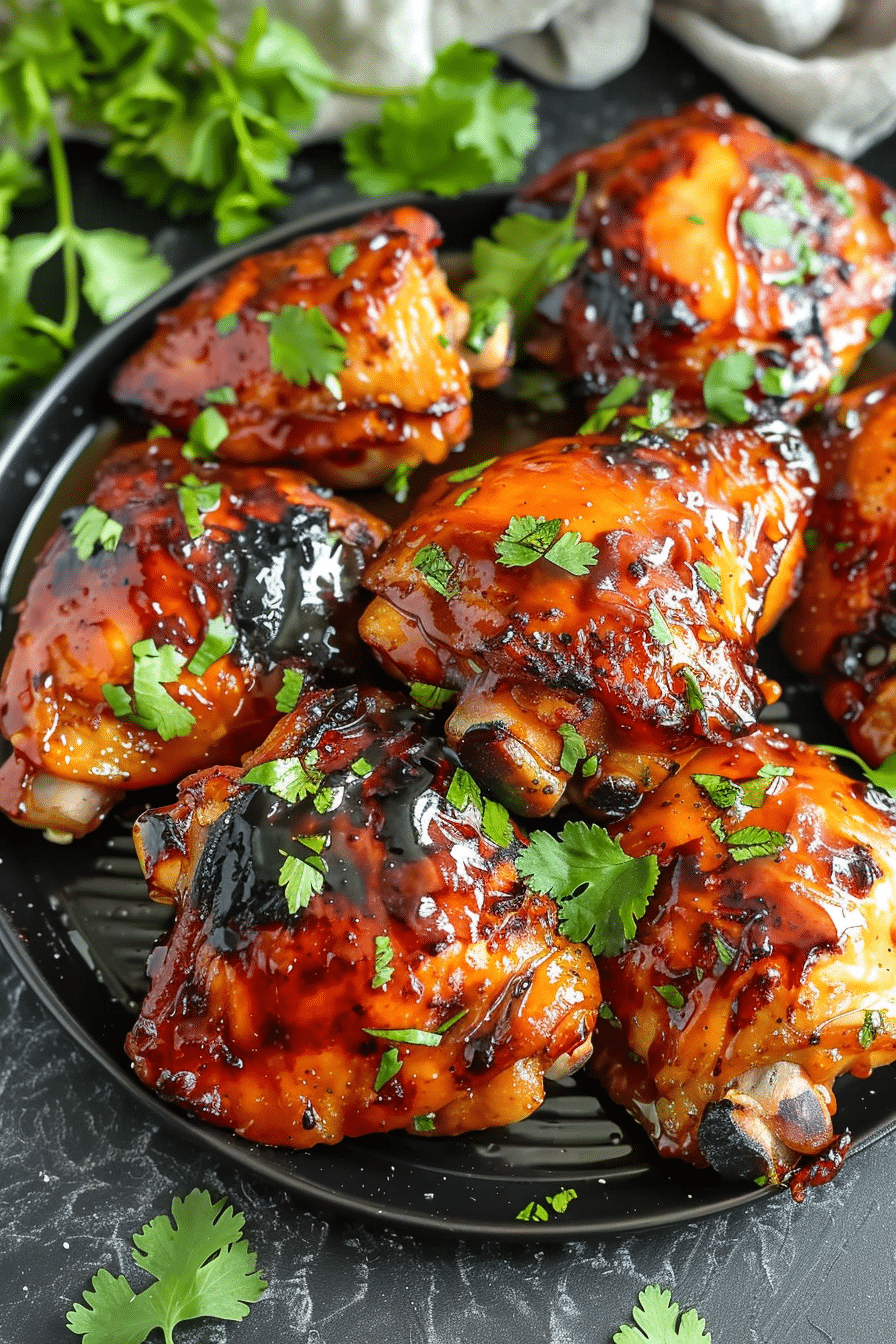 Crispy honey garlic chicken thighs cooked in the air fryer with sticky glaze and fresh herb garnish.