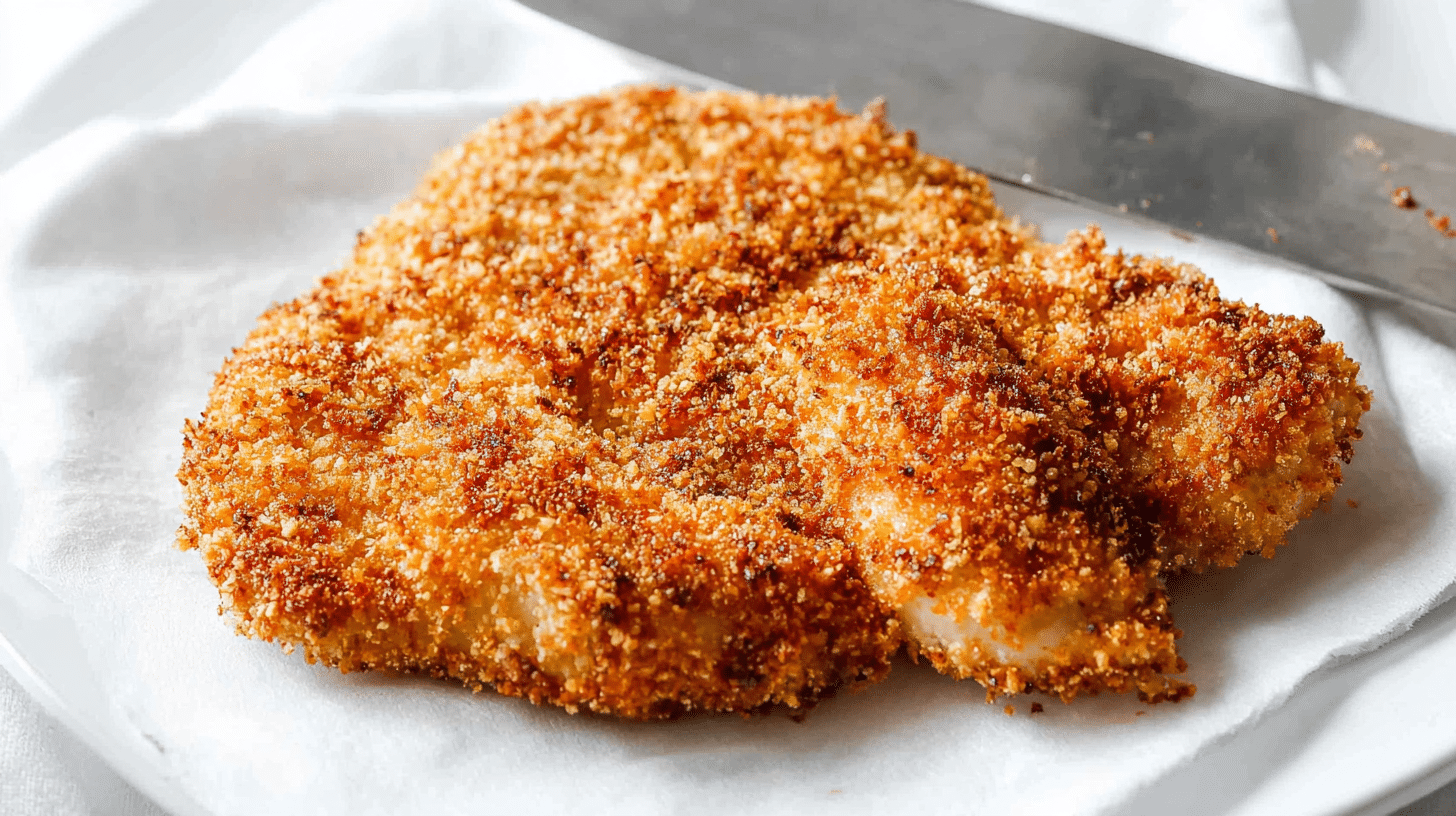 Crispy panko-crusted air fryer chicken on white plate