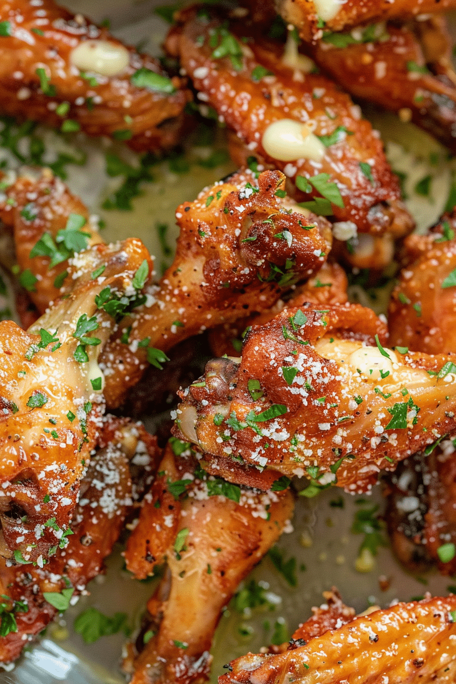 Garlic Parmesan Chicken Wings Tossed in Butter and Cheese in Mixing Bowl