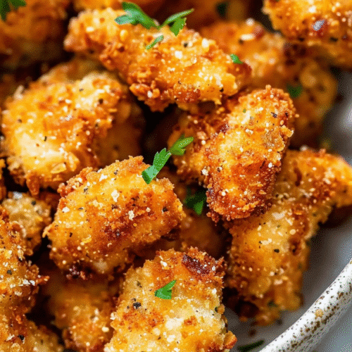 Crispy close-up of golden air fryer popcorn chicken with parsley garnish