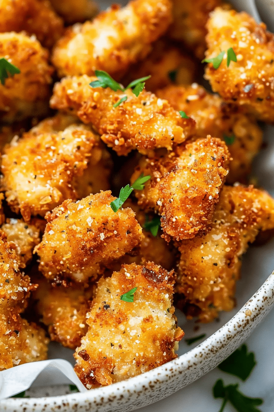 Crispy close-up of golden air fryer popcorn chicken with parsley garnish