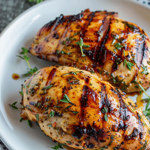 Close-up grilled honey mustard air fryer chicken breasts with herbs and glaze on a plate