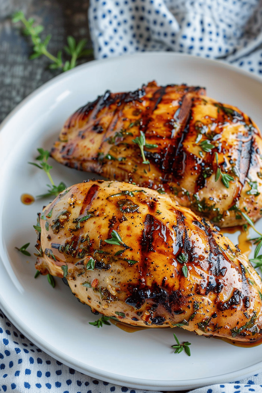 Close-up grilled honey mustard air fryer chicken breasts with herbs and glaze on a plate