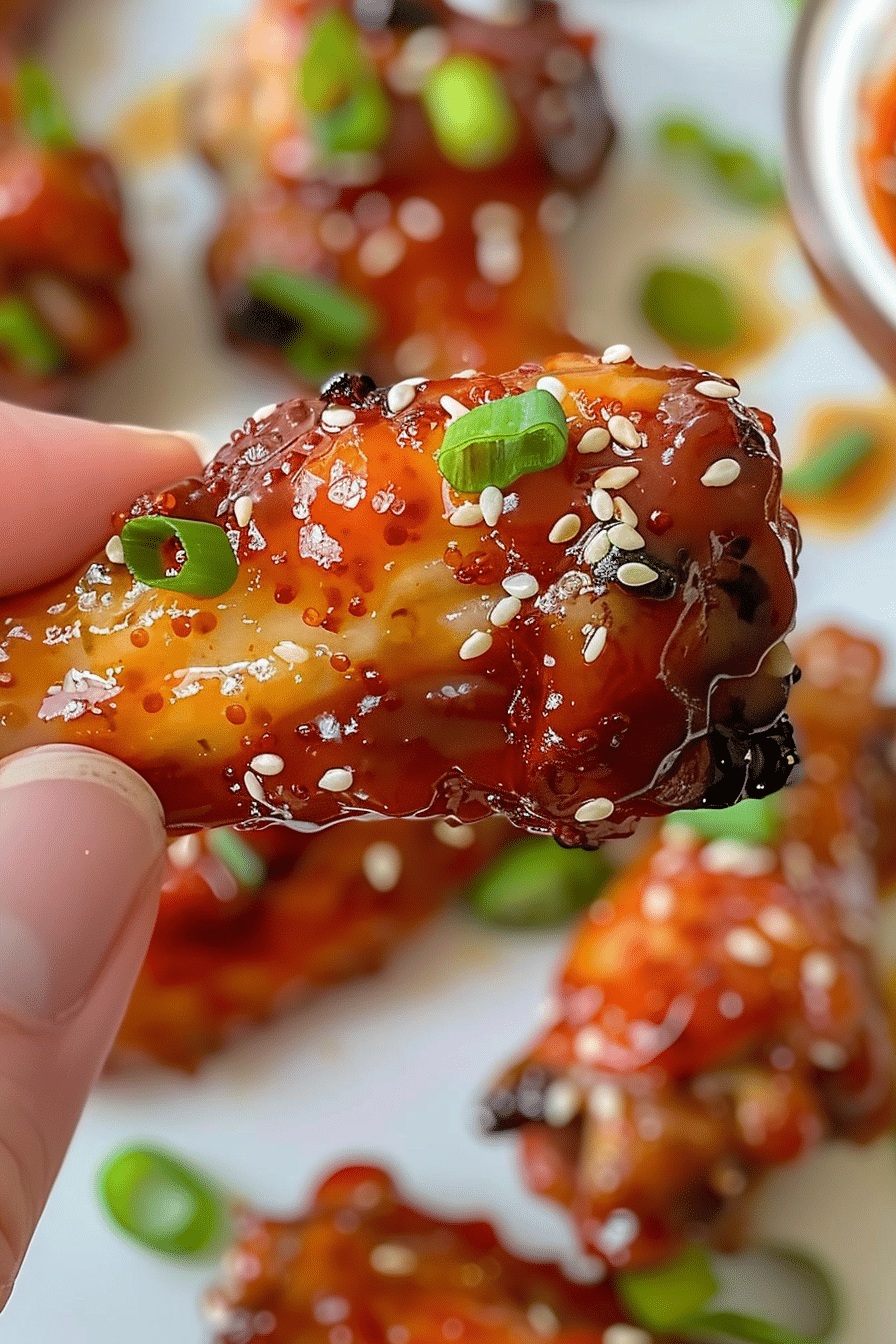 Hand holding a Sweet Chili Air Fryer Wing covered in Thai sweet chili glaze, garnished with sesame seeds and green onions
