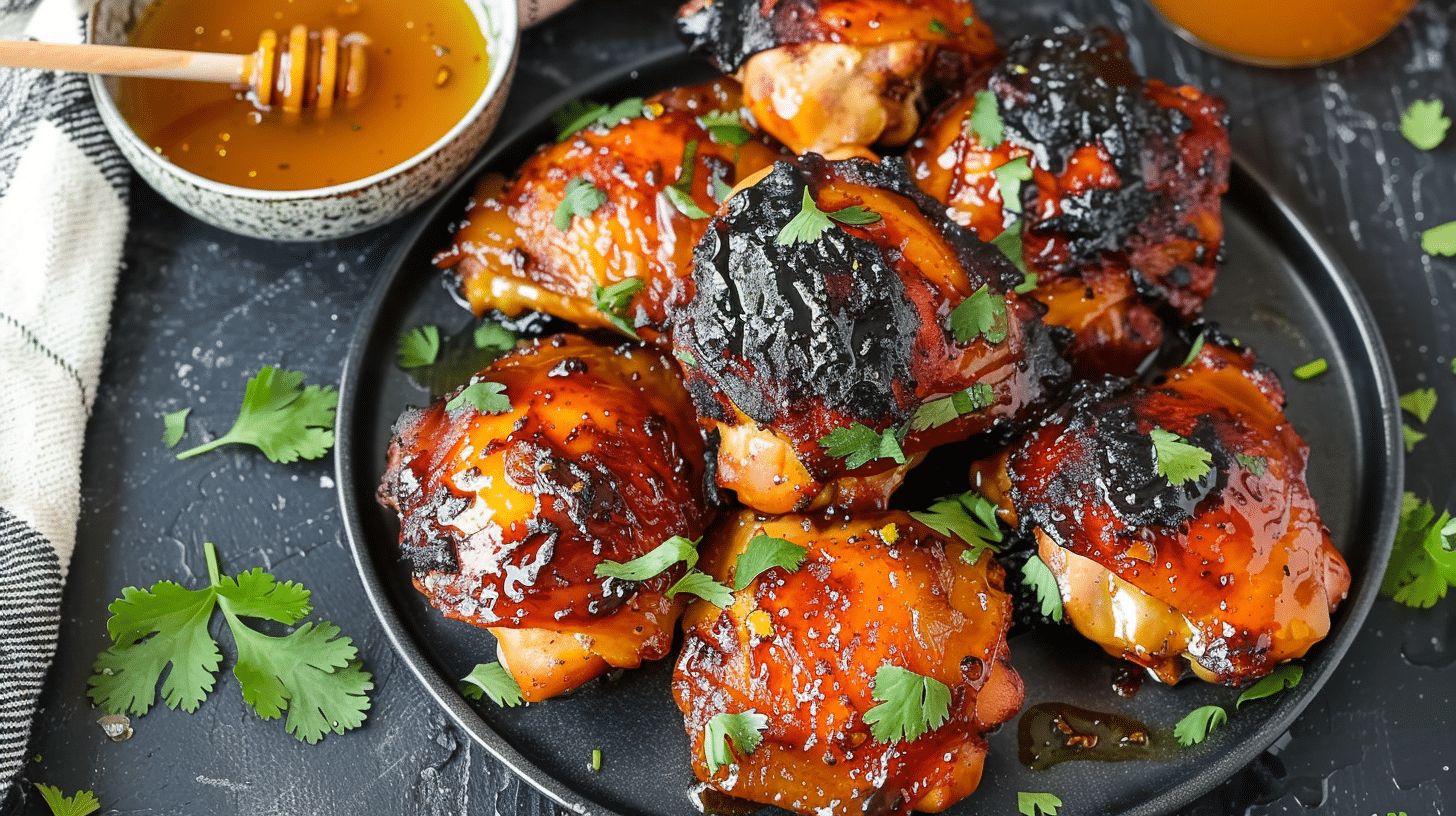 honey garlic air fryer chicken thighs glazed in sticky sweet sauce, garnished with fresh herbs.