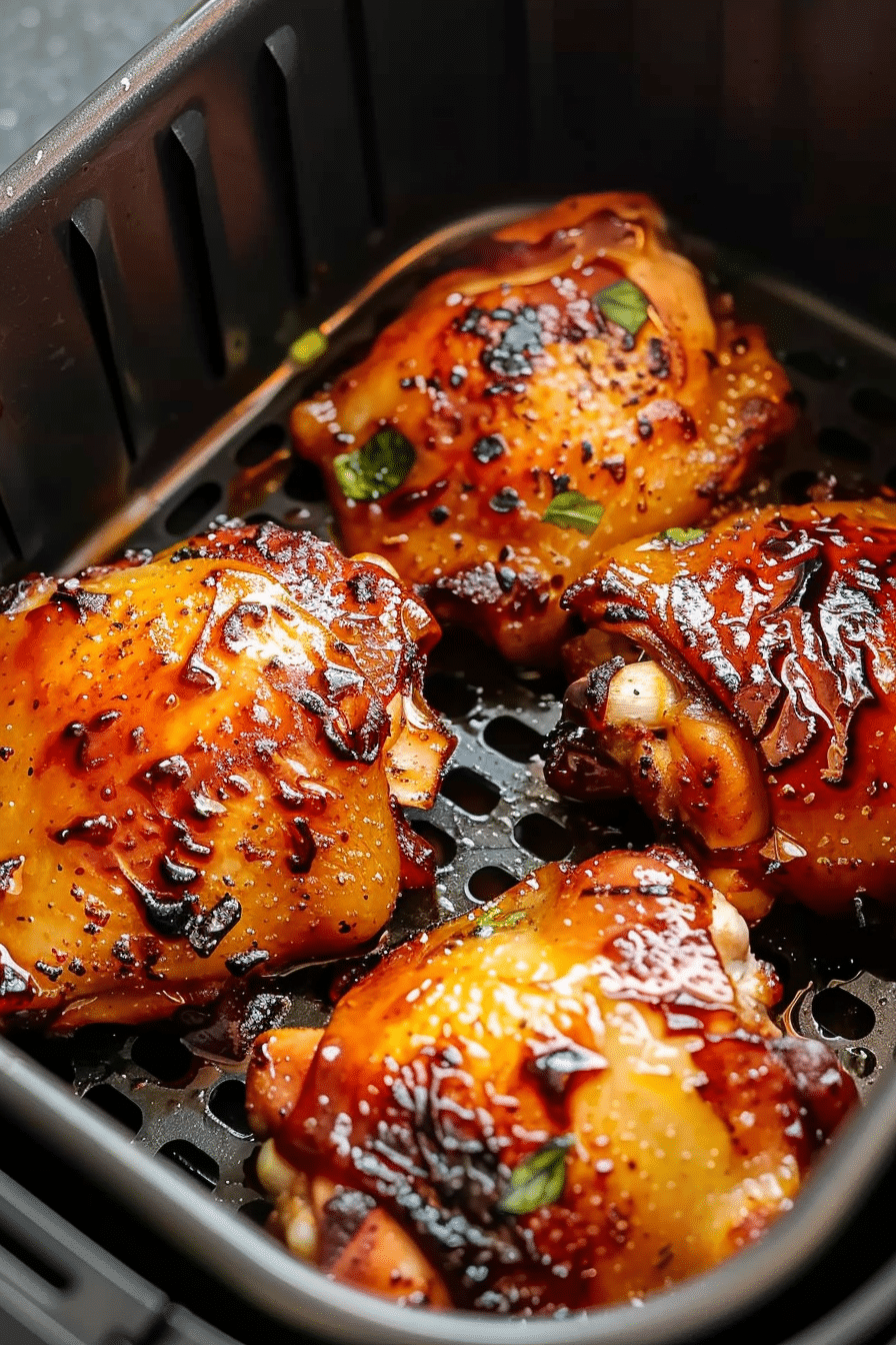 Honey garlic chicken thighs cooking in air fryer with caramelized glaze and crispy skin.
