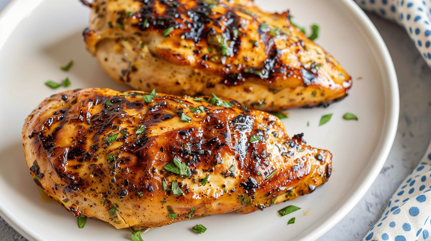 honey mustard air fryer chicken breast with caramelized glaze and herbs on white plate