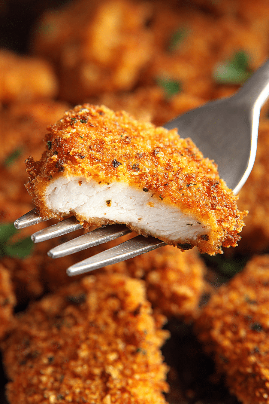 Juicy air fryer chicken bite with crispy panko crust on fork