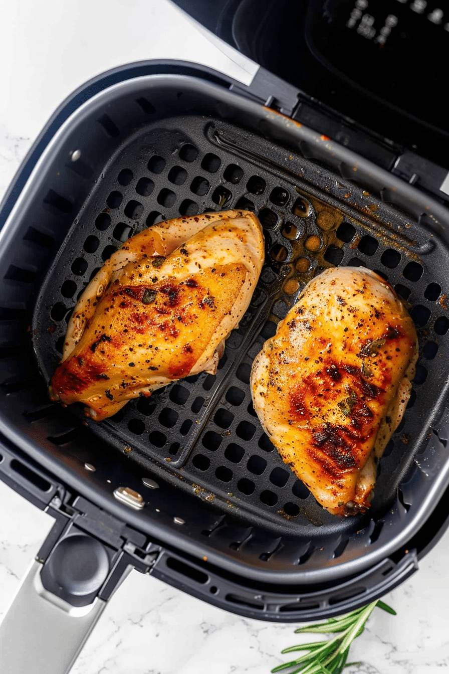 Mediterranean chicken breasts cooking in an air fryer with golden sear